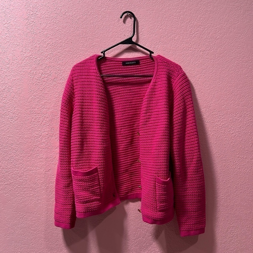 MEROKEETY Hot Pink Chunky Knit Cardigan Size M